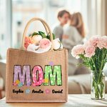 Personalized Colorful Flowers Large Jute Tote Bag with Nickname and 1-12 Names Mother's Day Birthday Gift for Mom Grandma