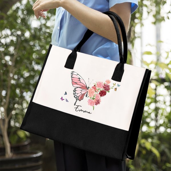 Personalized Birth Flower Butterfly Large Canvas Tote Bag with Name Birthday Mother's Day Gift for Women Girls