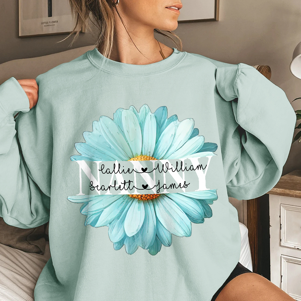 T-shirt bleu ciel personnalisé avec 1 à 8 prénoms anniversaire fête des mères cadeau pour maman grand-mère