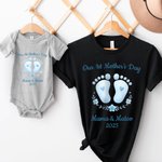 Personalized Baby Footprint First Mother's Day Mom T-shirt and Baby Bodysuit Set with Name Birthday Mother's Day Gift for Mother Baby