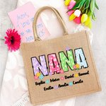 Personalized Colorful Flowers Large Jute Tote Bag with Nickname and 1-12 Names Mother's Day Birthday Gift for Mom Grandma