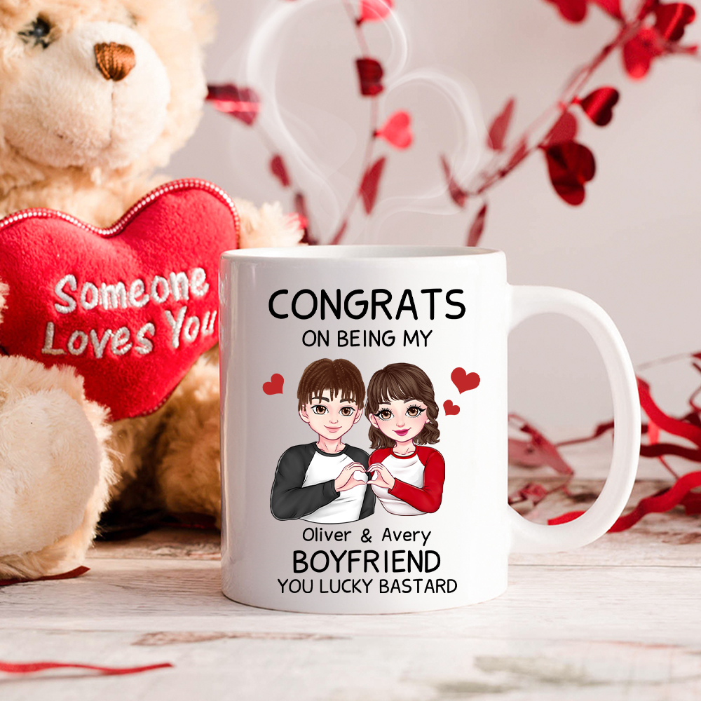 Mug personnalisé avec personnage de dessin animé Félicitations à mon nom Cadeau d'anniversaire de St Valentin pour les couples