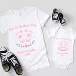 Personalized Baby Footprint First Mother's Day Mom T-shirt and Baby Bodysuit Set with Name Birthday Mother's Day Gift for Mother Baby