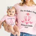 Personalized Baby Footprint First Mother's Day Mom T-shirt and Baby Bodysuit Set with Name Birthday Mother's Day Gift for Mother Baby