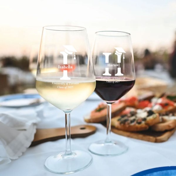 Personalized Graduation Cap Initial Goblet Wine Glass Slate Coaster Set with Engraved Name and Text Graduation Gift for Graduates Wine Lovers