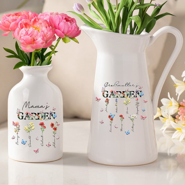 Personalisierte Schmetterling Geburtsblumen Garten Keramik Vase mit Titel und 1-8 Namen Haus Deko Geburtstag Muttertag Geschenk für Mama Oma
