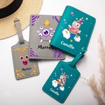 Personalised Cartoon Monster Fantasy Unicorn Dinosaur PU Leather Passport Holder Luggage Tag with Name Travel Accessory Birthday Gift for Kids