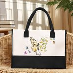 Personalized Birth Flower Butterfly Large Canvas Tote Bag with Name Birthday Mother's Day Gift for Women Girls