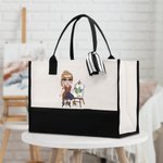 Personalised Cartoon Painter Large Canvas Tote Bag with Name Travel Accessories Birthday Gift for Artists Women
