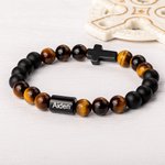 Personalized Cross Onyx Natural Stone Beads Elastic Bracelet with Name Birthday Christening Gift for Men Christian