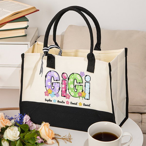 Borsa tote in tela personalizzata con alfabeti floreali, con 1-12 nomi e fodera impermeabile Regalo di compleanno per la festa della mamma e della nonna.