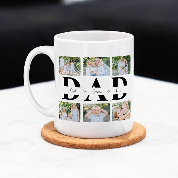 Personalized Love Dad Photo Collage 11 oz 15 oz White Ceramic Coffee Mug with 1-6 Names Birthday Father's Day Gift for Dad