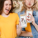 Personalized Birth Flower Name Frosted Clear 20 oz Glass Cup with Lid and Straw Mother's Day Bridesmaid Proposal Party Favor Gift for Women