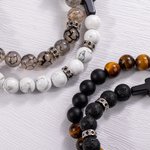 Personalized Cross Onyx Natural Stone Beads Elastic Bracelet with Name Birthday Christening Gift for Men Christian