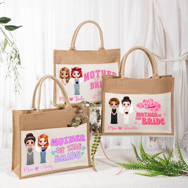Personalized Mother of the Bride Cartoon Characters Reusable Large Jute Tote Bag with Name Wedding Anniversary Gift for Women Bride Mom