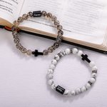 Personalized Cross Onyx Natural Stone Beads Elastic Bracelet with Name Birthday Christening Gift for Men Christian
