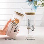 Personalized Birth Flower Name Frosted Clear 20 oz Glass Cup with Lid and Straw Mother's Day Bridesmaid Proposal Party Favor Gift for Women