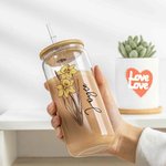 Personalized Birth Flower Name Frosted Clear 20 oz Glass Cup with Lid and Straw Mother's Day Bridesmaid Proposal Party Favor Gift for Women