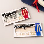 Personalized Graduation Gown Grad Cap Design Wooden Money Holder with Name and Year Graduation Gift for Class of 2025 Graduates