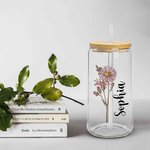 Personalized Birth Flower Name Frosted Clear 20 oz Glass Cup with Lid and Straw Mother's Day Bridesmaid Proposal Party Favor Gift for Women