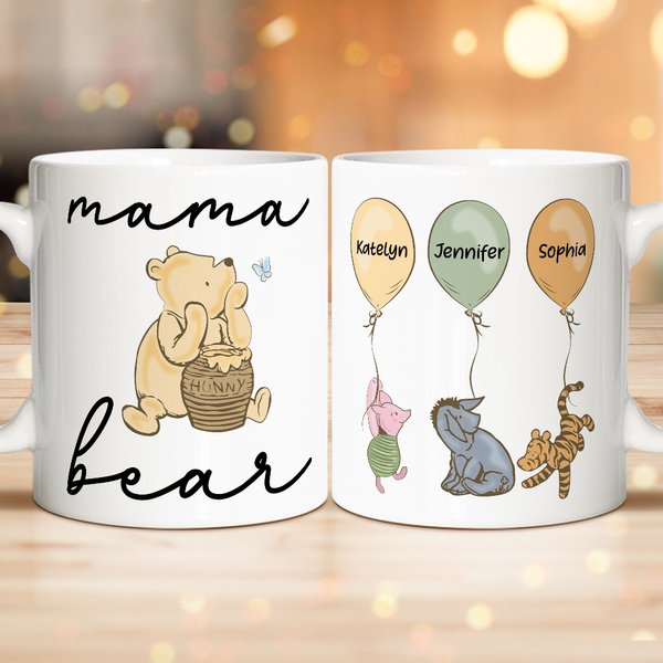 Personalized Classic Winnie the Pooh with His Friends Ceramic Coffee Mug with 1-12 Balloons and Names Mother's Day Birthday Gift for Grandma Mom