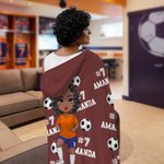 Personalized Multicolor Soccer Cartoon Character Soft Hooded Blanket with Name and Number Game Day Team Birthday Gift for Soccer Lovers