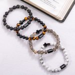 Personalized Cross Onyx Natural Stone Beads Elastic Bracelet with Name Birthday Christening Gift for Men Christian