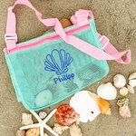 Personalized Embroidered Crab Starfish Shell Collecting Mesh Beach Bag with Name and Adjustable Strap Travel Essential Summer Vacation Gift for Kids