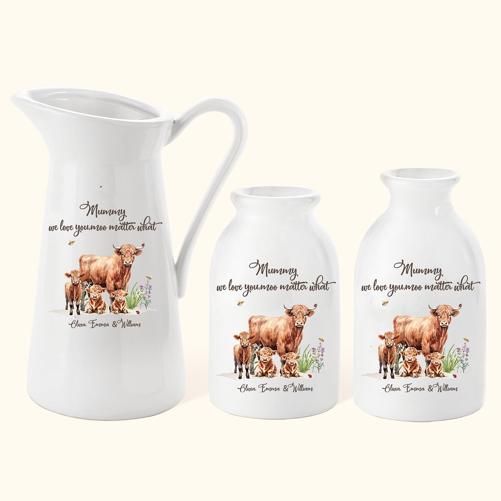 Vase à fleurs en céramique Highland Cow personnalisé avec 1-8 noms Home Decor Birthday Mother's Day Gift for Mom Grandma
