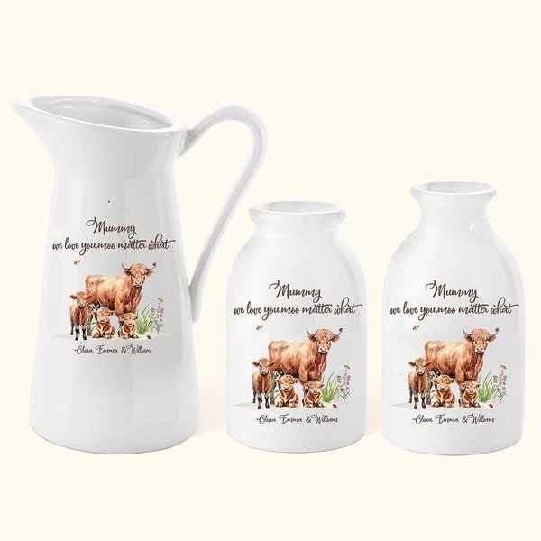 Personalized Highland Cow Ceramic Flower Vase with 1-8 Names Home Decor Birthday Mother's Day Gift for Mom Grandma