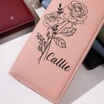 Personalized Line Birth Flower Long Folded Wallet with Name and Compartments Birthday Mother's Day Grandmother's Day Gift for Women