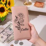 Personalized Line Birth Flower Long Folded Wallet with Name and Compartments Birthday Mother's Day Grandmother's Day Gift for Women