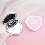 Personalized Handmade Heart Shaped Cherry Cream Cake Mirror with Name and Box Compact Travel Accessories Birthday Valentine's Day Gift for Women