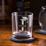 Personalized Grad Cap Initial Name 10 oz Whiskey Rocks Glasses Slate Coaster with School and Text Graduation Party Gift for Graduate Drinkers