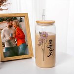 Personalized Birth Flower Name Frosted Clear 20 oz Glass Cup with Lid and Straw Mother's Day Bridesmaid Proposal Party Favor Gift for Women