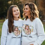 Personalized Heart Shaped Wreath Cartoon Mom and 1-2 Kids Skin-friendly Sweatshirt Hoodie with Name Birthday Mother's Day Gift for Mom Grandma
