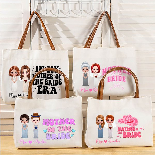 Personalized Bride and Mother Cartoon Character Large Canvas Tote Bag with Name and Leather Handle Wedding Gift for Women