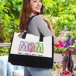 Personalized Floral Alphabets Large Canvas Tote Bag with 1-12 Names and Waterproof Lining Birthday Mother's Day Gift for Mom Grandma Family