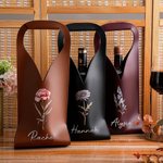 Personalized Birth Flower Leather Wine Bag with Name and Handle Protective Wine Accessories Birthday Dinner Party Gift for Wine Lover