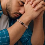 Personalized Cross Onyx Natural Stone Beads Elastic Bracelet with Name Birthday Christening Gift for Men Christian