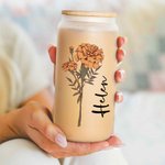 Personalized Birth Flower Name Frosted Clear 20 oz Glass Cup with Lid and Straw Mother's Day Bridesmaid Proposal Party Favor Gift for Women