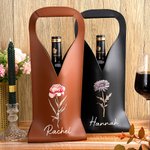 Personalized Birth Flower Leather Wine Bag with Name and Handle Protective Wine Accessories Birthday Dinner Party Gift for Wine Lover