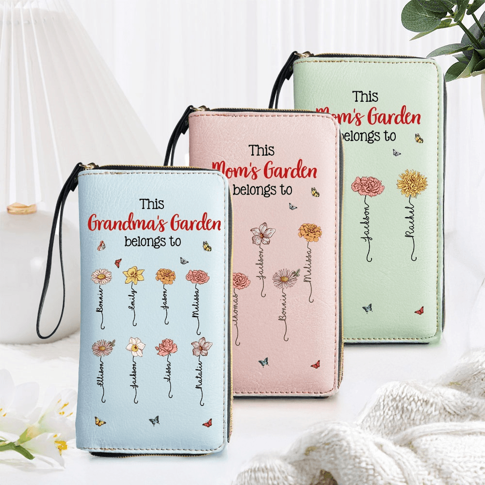 Custom Names & Birth Flowers Grandma's Garden Wallet, Women's Clutch Purse with Wrist Strap, PU Leather Cellphone Wallet, Gift for Her/Mom/Grandma