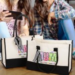 Personalized Floral Alphabets Large Canvas Tote Bag with 1-12 Names and Waterproof Lining Birthday Mother's Day Gift for Mom Grandma Family