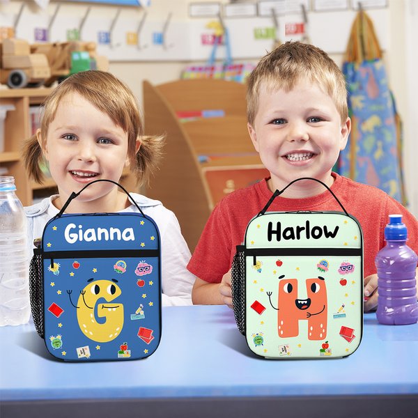 Personlig, søt, tegneseriebokstavbasert, bærbar, isolert matpose med navn og nettinglomme, tilbake til skolen, piknik, bursdagsgave til gutter og jenter