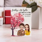 Personalized Love Tree Heart Gesture Cartoon Character Building Brick Puzzles with Name and Date Valentine's Day Anniversary Gift for Couple