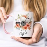 Personalisierte Retro Aquarell Blume Kamera 11 oz 15 oz Keramik Becher mit Namen Geburtstag Geschenk für Fotografie-Liebhaber