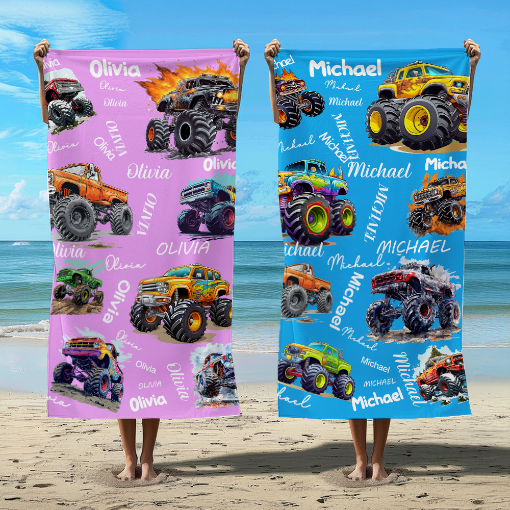 Serviette de plage personnalisée avec nom - Véhicule tout-terrain - Multicolore - Dessin animé - Cadeau d'anniversaire pour enfants - Fête de la plage