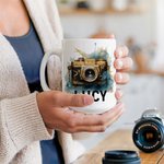 Personalisierte Retro Aquarell Blume Kamera 11 oz 15 oz Keramik Becher mit Namen Geburtstag Geschenk für Fotografie-Liebhaber