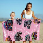 Personalized Multicolor Cartoon Off-road Vehicle Oversized Quick Dry Beach Towel with Name Summer Essentials Beach Party Birthday Gift for Kids